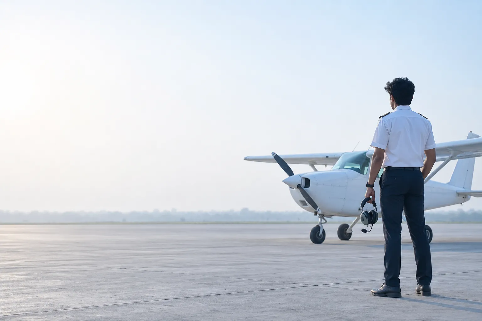 A trainee pilot in uniform, headset in hand, standing on the apron beside a training aircraft at first light