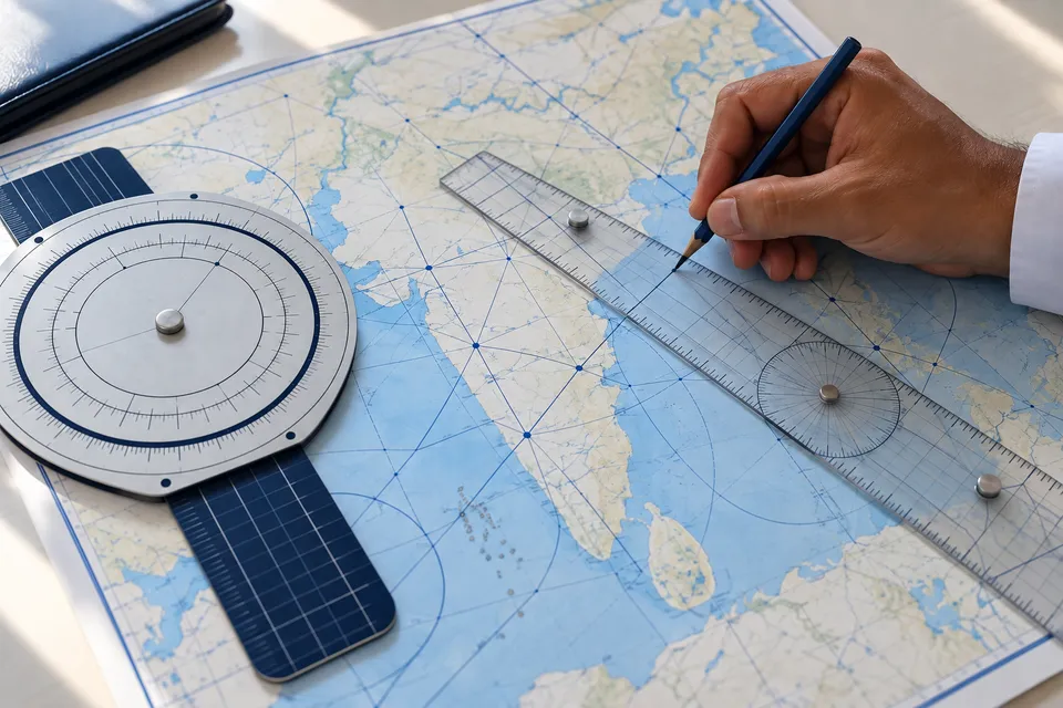 An aeronautical chart on a desk with a flight computer, plotter and pencil