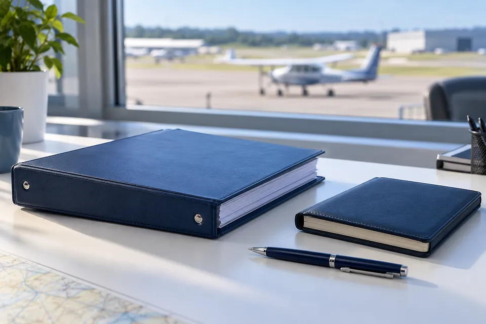 A regulations manual, a pilot logbook and a pen on a desk