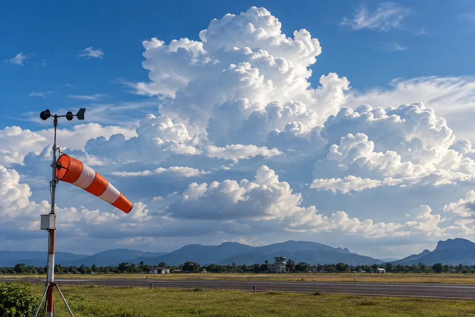 Towering cumulus clouds over an airfield, with a windsock in the foreground