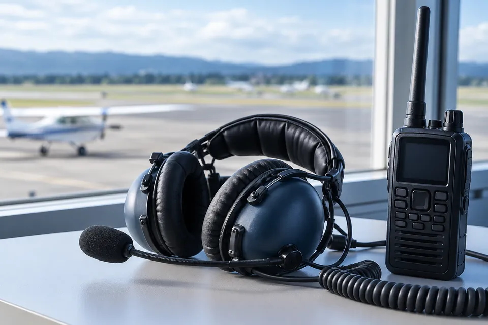 An aviation headset and a handheld radio on a desk by an airfield window