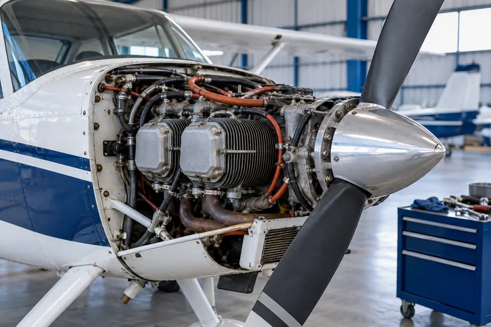 A light aircraft piston engine with its cowling open in a hangar