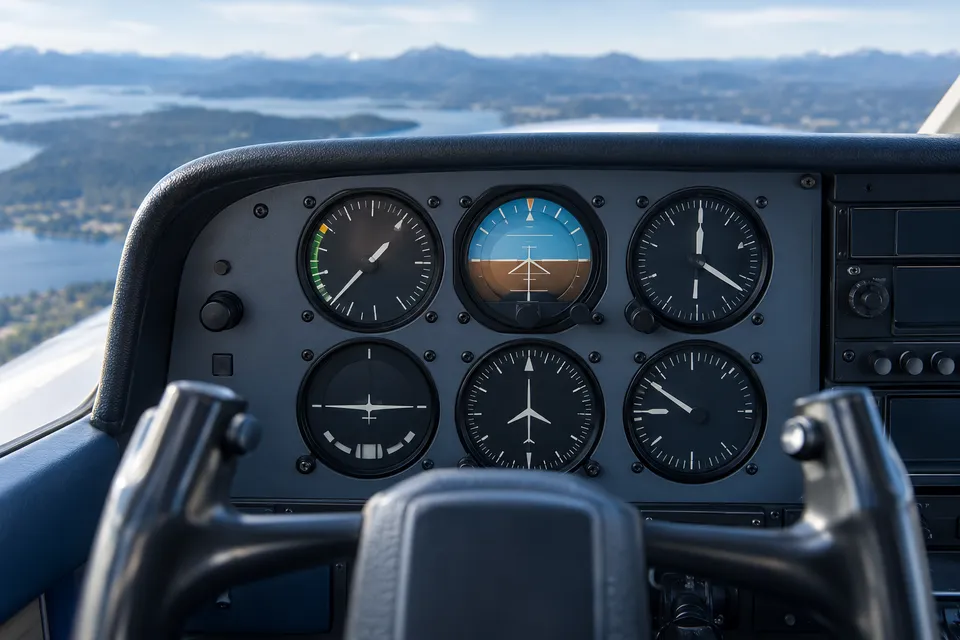The instrument panel of a training aircraft cockpit