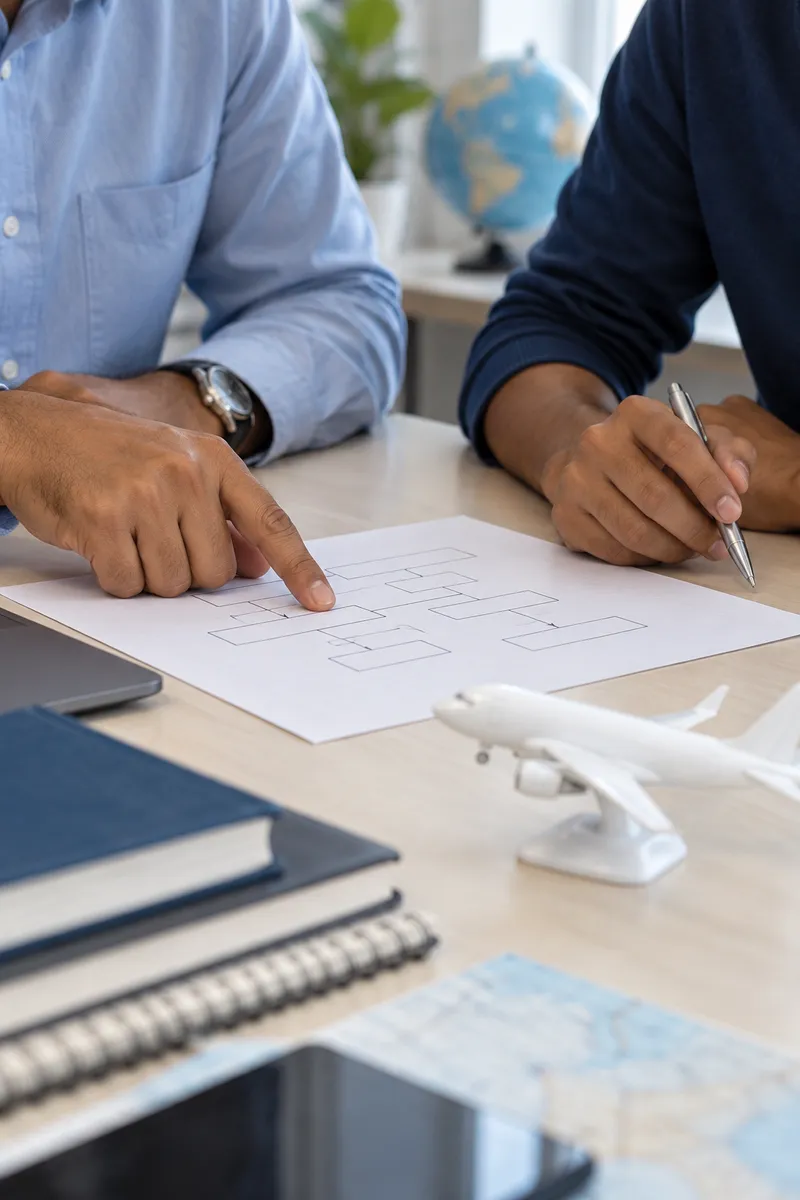 A mentor and a student planning at a desk, with a model aircraft beside them