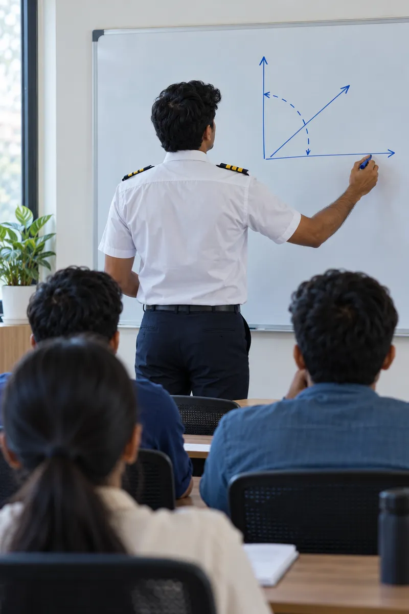 An instructor in a pilot's shirt explaining a diagram on a whiteboard to a small class