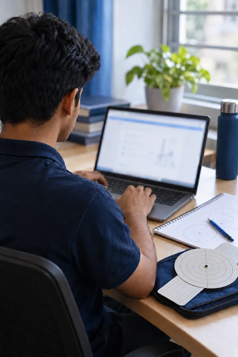 A student taking a computer-based practice test, with notes and a flight computer beside the laptop