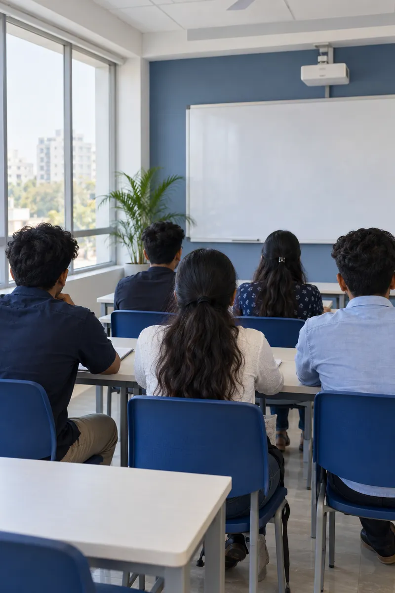 A small group of students at their desks in a bright classroom